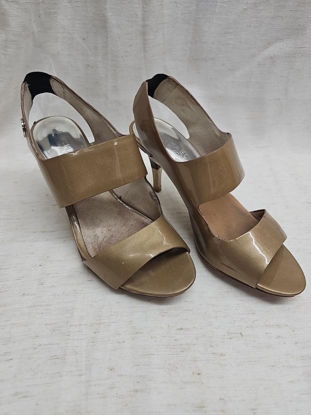 Michael Kors Tan Patent Leather Open-Toe Slingback Heels